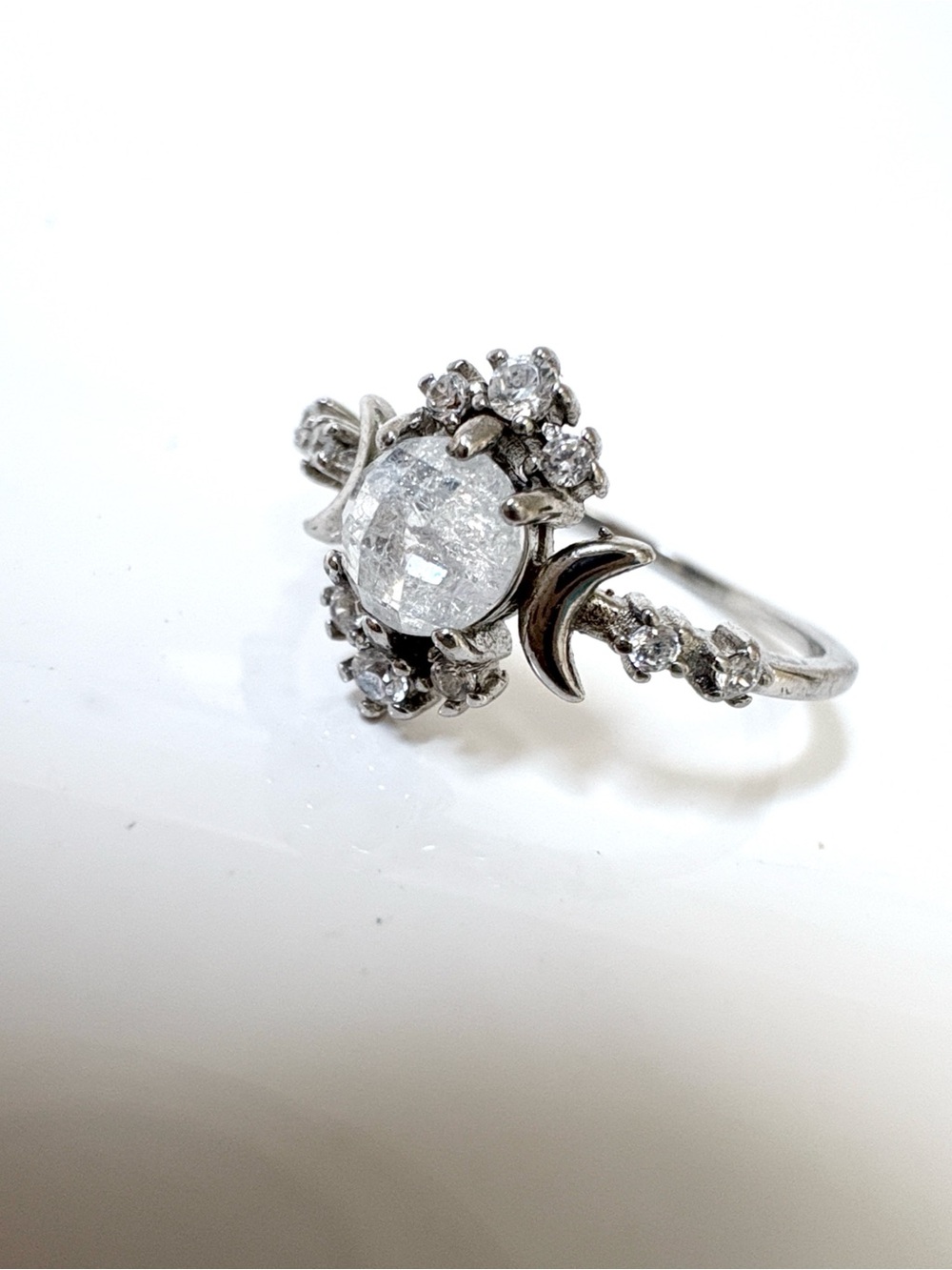 Vintage Sterling Silver 925 Celestial Crescent Moon Quartz Halo Ring Size 7